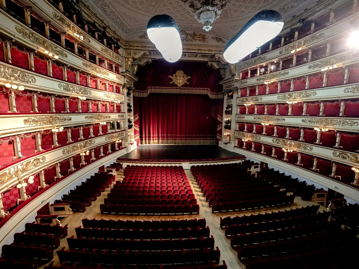 Stunning view of the historic La Scala Opera House theater in Milan, Italy.
